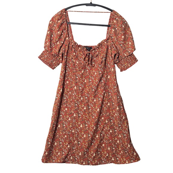 Trixxi Dresses & Skirts - Trixxi Floral Puff Sleeve Mini Dress Rust Orange M Cottagecore Boho Romantic